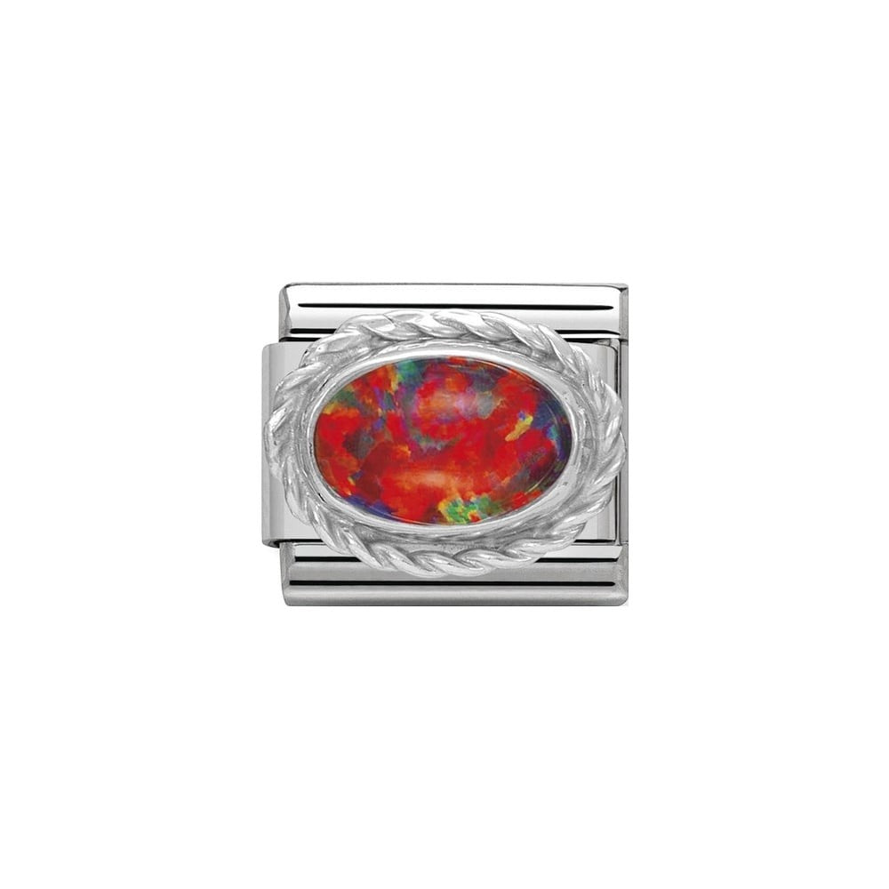 Niche Jewellery Nomination sterling silver charm with oval red opal stone and twist setting on stainless steel link.