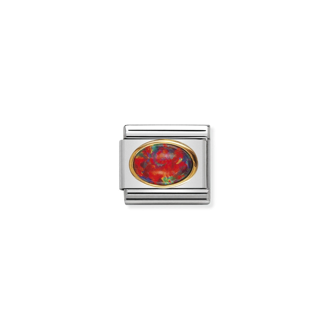 Niche Jewellery Nomination stainless steel charm with 18k gold trim and oval red opal stone.