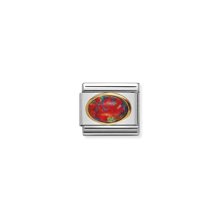 Niche Jewellery Nomination stainless steel charm with 18k gold trim and oval red opal stone.