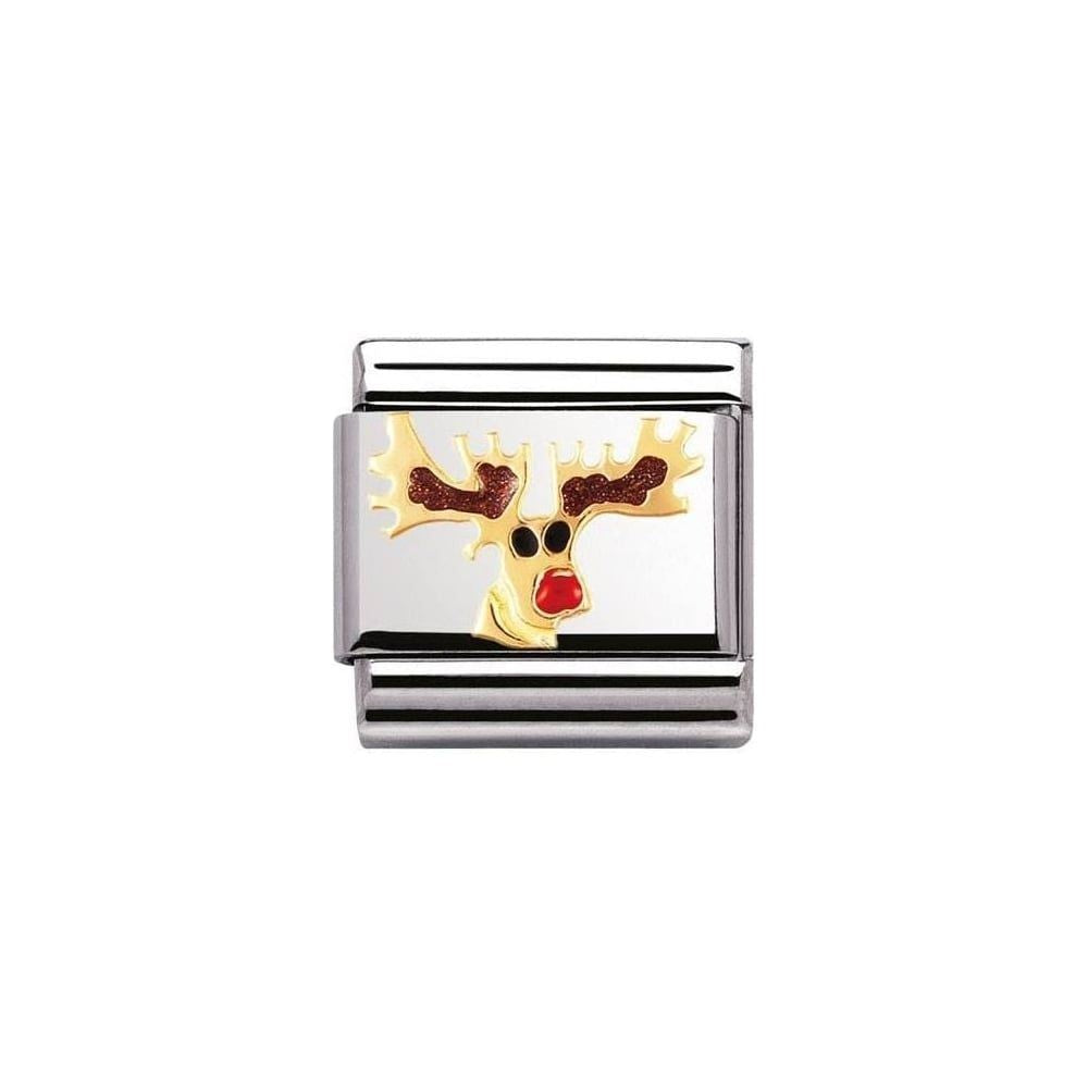 Niche Jewellery Nomination Classic charm with a gold reindeer face, red enamel nose, and glittery brown antlers on a silver base.