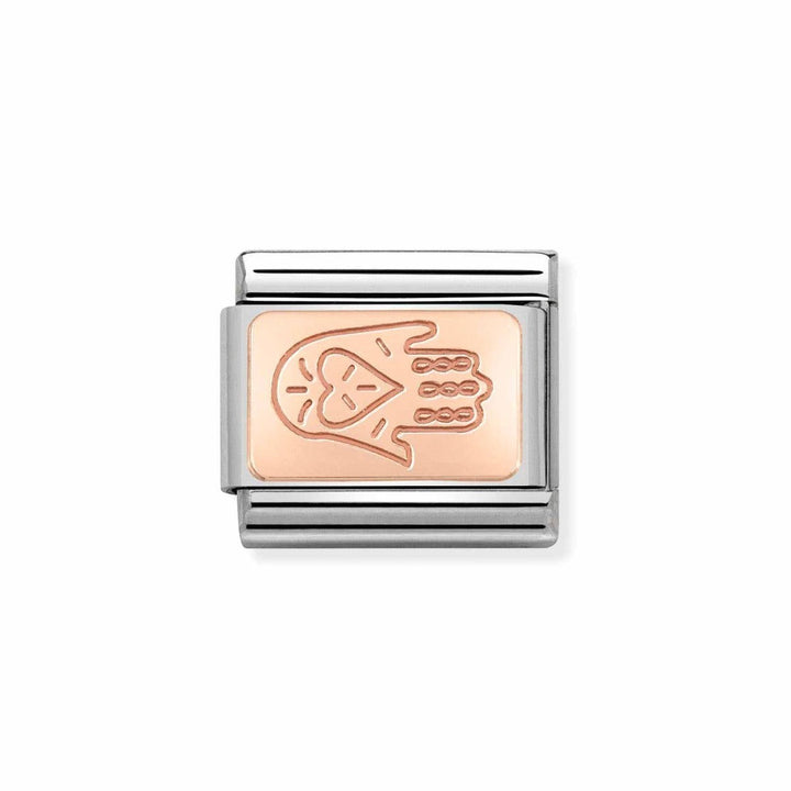 Niche Jewellery Nomination rose gold charm with Hand of Fatima design and heart detail.