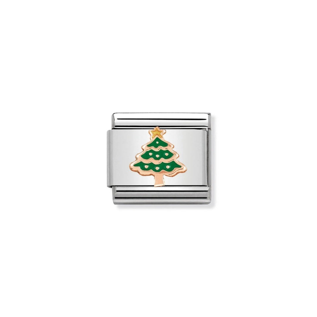 Niche Jewellery Nomination rose gold and green enamel Christmas tree charm with a star on top.