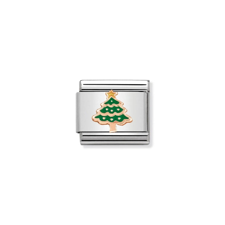 Niche Jewellery Nomination rose gold and green enamel Christmas tree charm with a star on top.