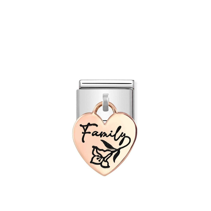 Niche Jewellery Nomination rose gold heart charm with 'Family' engraving and floral detail.