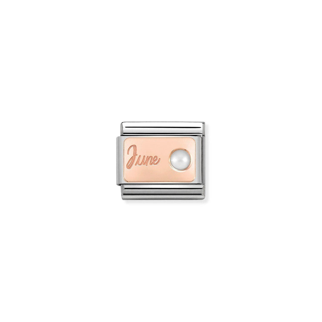 Niche Jewellery rose gold charm with 'June' engraving and a pearl accent, part of the Nomination Composable collection.