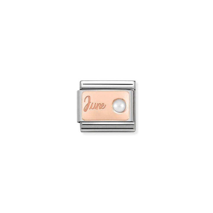 Niche Jewellery rose gold charm with 'June' engraving and a pearl accent, part of the Nomination Composable collection.