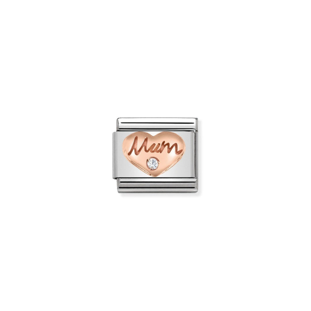 Niche Jewellery Nomination rose gold heart charm with 'Mum' engraving and a sparkling zirconia detail.