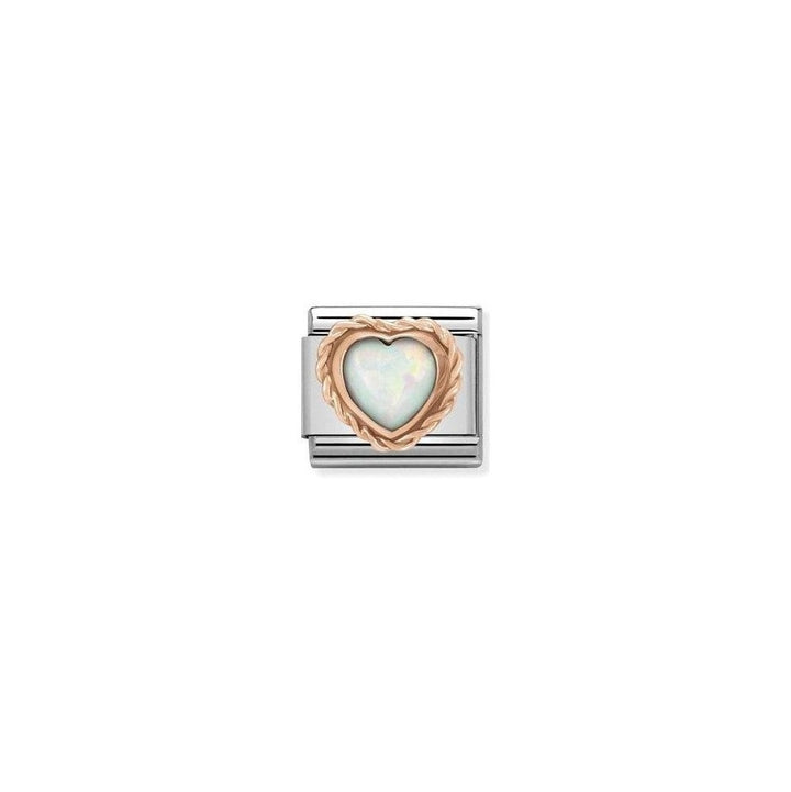 Niche Jewellery Nomination rose gold charm with a twisted rope design framing a white opal heart.