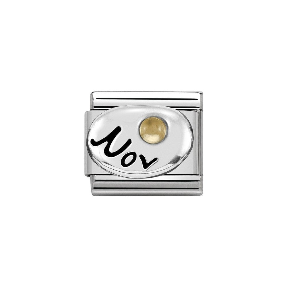 Niche Jewellery Nomination silver charm with 'Nov' text and a gold-tone citrine zirconia stone, for bracelets.