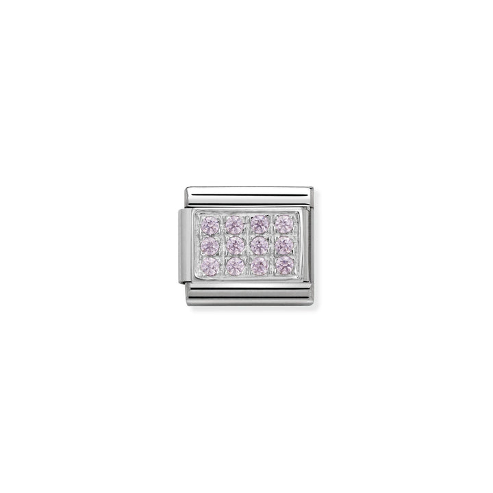 Niche Jewellery Nomination silver charm with a grid of 12 pave pink cubic zirconia stones.
