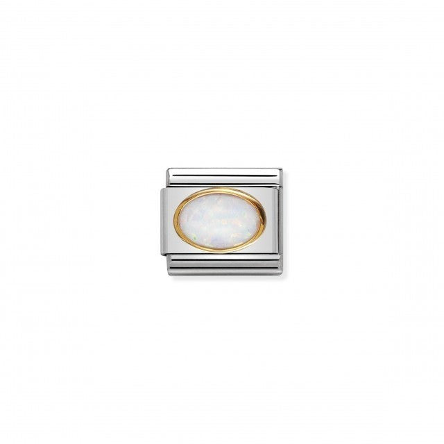 Niche Jewellery Nomination charm with a gold oval frame and a white opal stone. Stainless steel base.