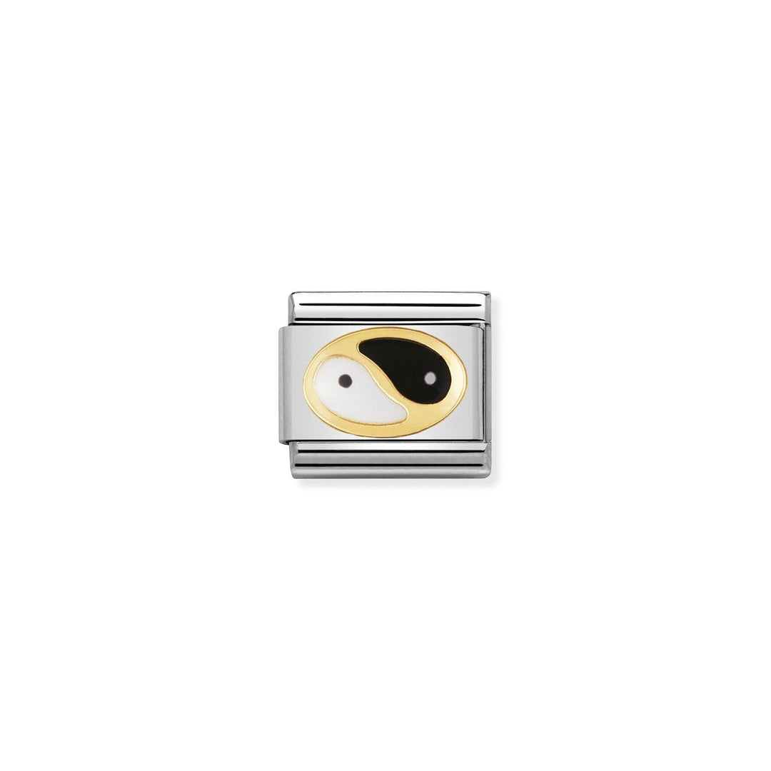 Niche Jewellery Nomination stainless steel charm with 18k gold trim and black and white enamel Yin Yang symbol.