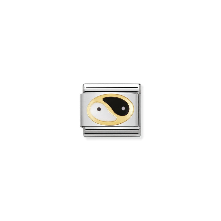 Niche Jewellery Nomination stainless steel charm with 18k gold trim and black and white enamel Yin Yang symbol.