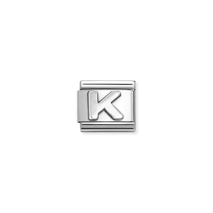 Niche Jewellery oxidised silver charm with raised letter K. Classic design for bracelets.