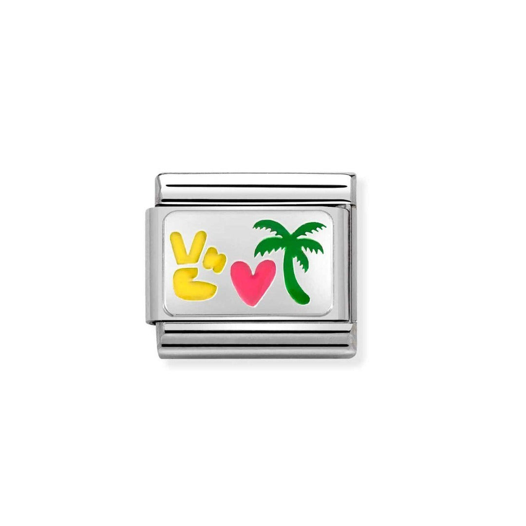 Niche Jewellery stainless steel charm with yellow peace sign, pink heart and green palm tree enamel.