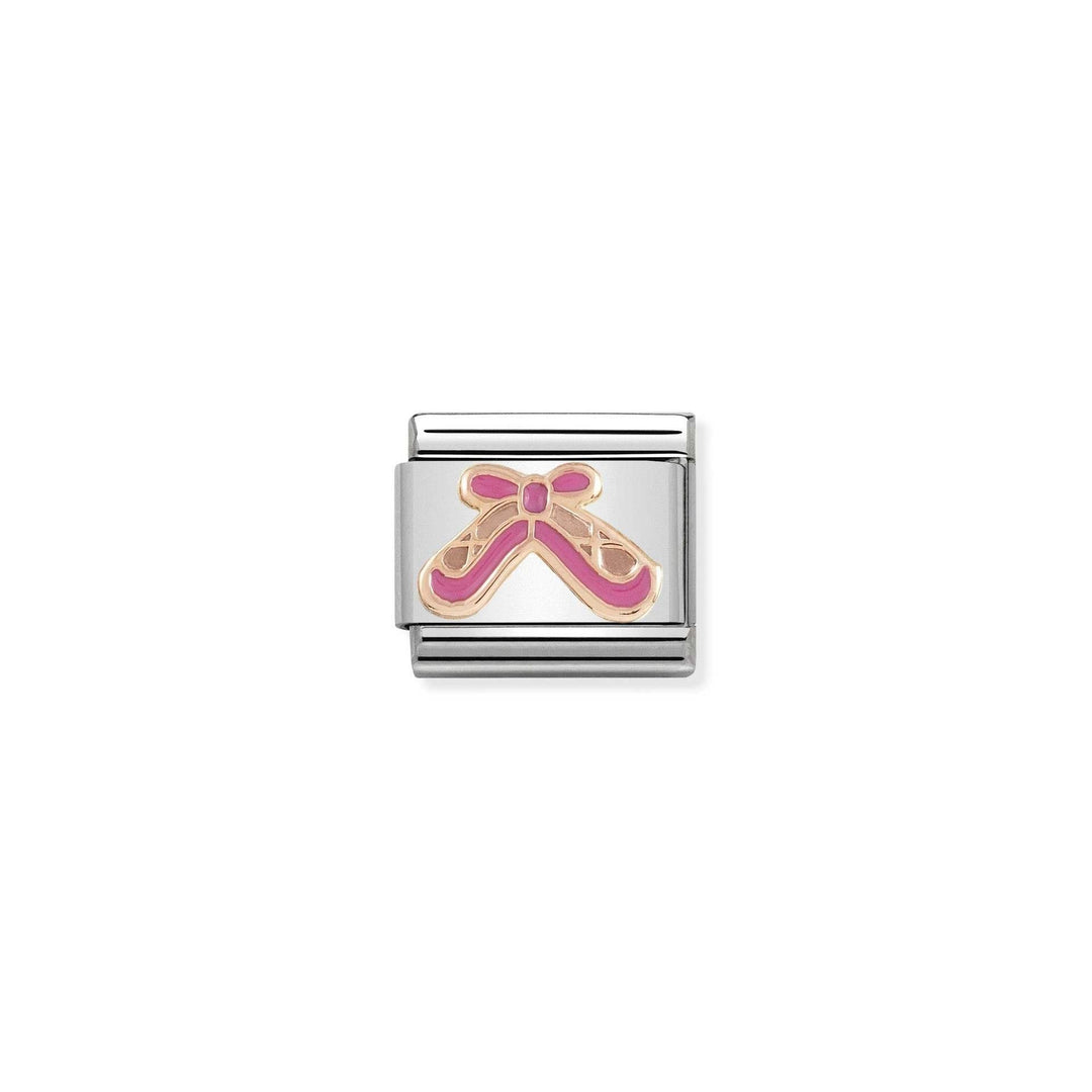 Niche Jewellery stainless steel and rose gold charm featuring pink enamel ballet shoes with rose gold outline.