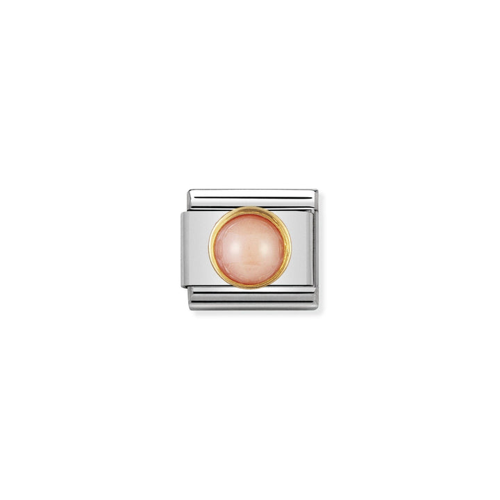 Niche Jewellery Nomination charm with pink coral stone and gold trim on stainless steel base.