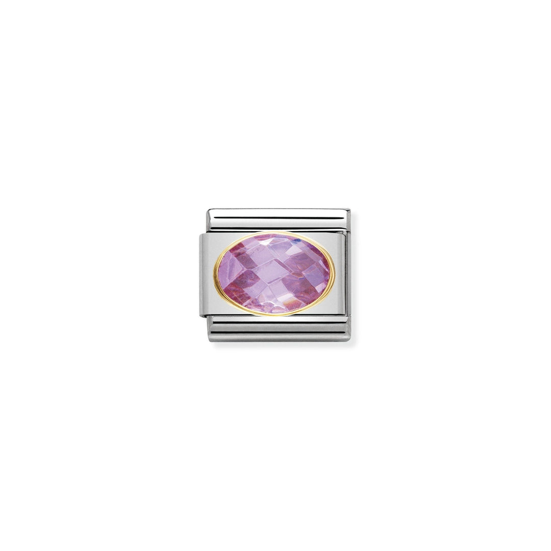 Niche Jewellery Nomination charm with oval faceted pink cubic zirconia set in 18k gold and stainless steel.