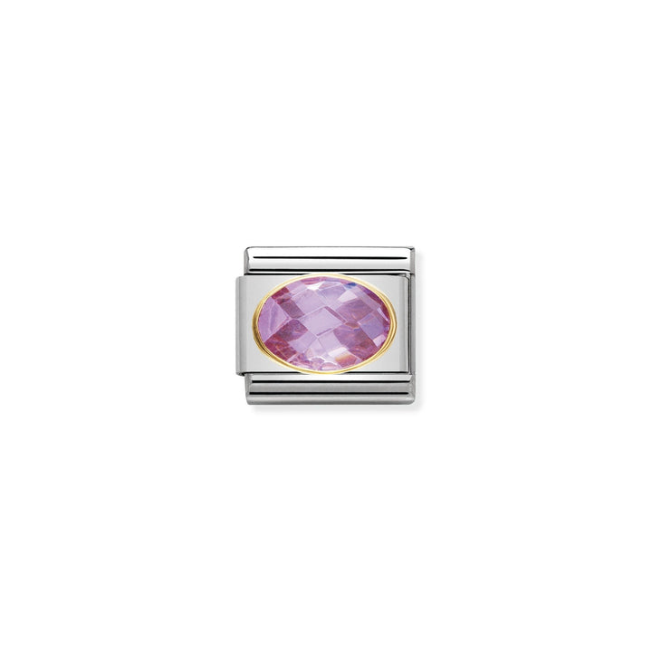 Niche Jewellery Nomination charm with oval faceted pink cubic zirconia set in 18k gold and stainless steel.