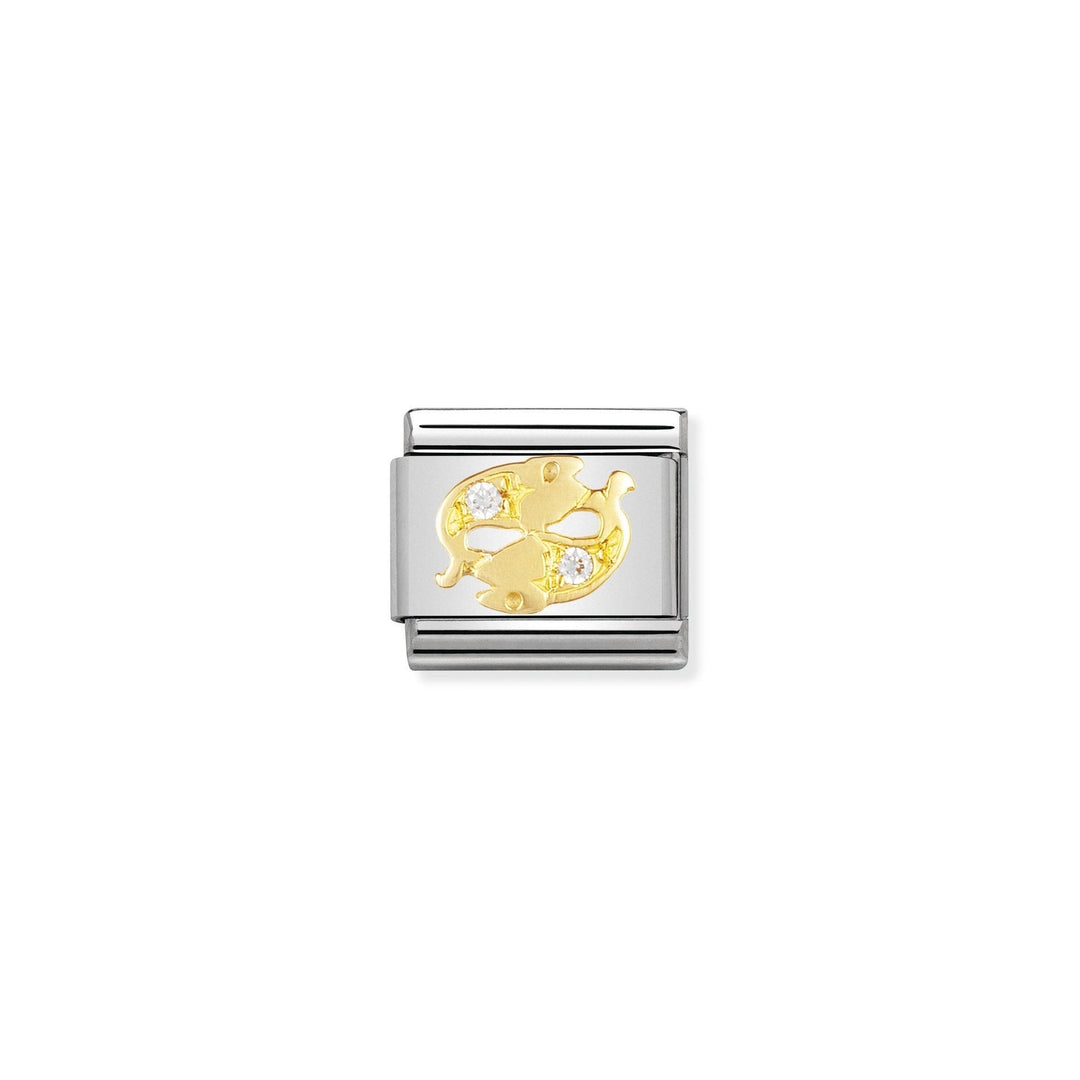Niche Jewellery stainless steel Pisces zodiac charm with 18K gold detail and cubic zirconia accents.