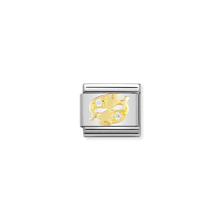 Niche Jewellery stainless steel Pisces zodiac charm with 18K gold detail and cubic zirconia accents.