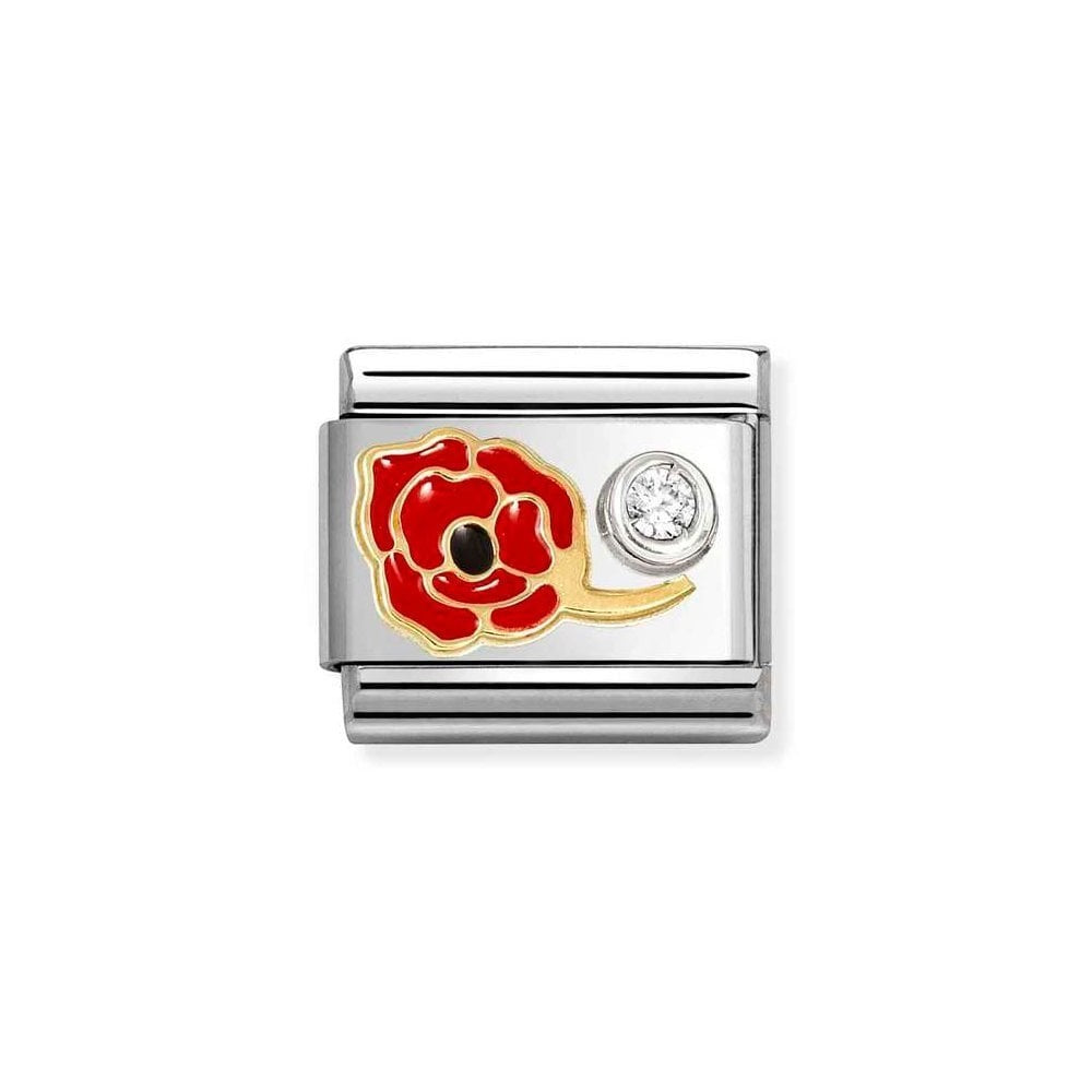 Niche Jewellery stainless steel charm featuring a red enamel poppy with gold detailing and a sparkling zirconia stone.