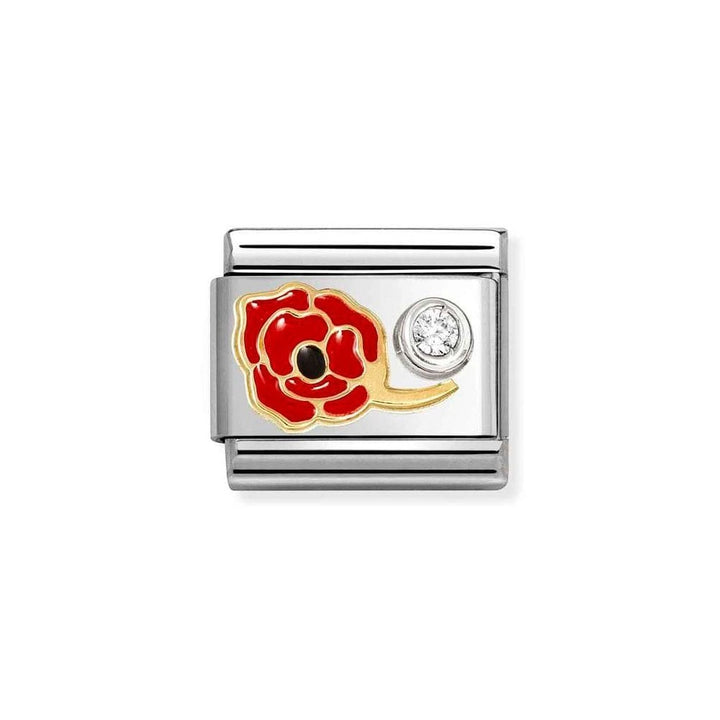 Niche Jewellery stainless steel charm featuring a red enamel poppy with gold detailing and a sparkling zirconia stone.