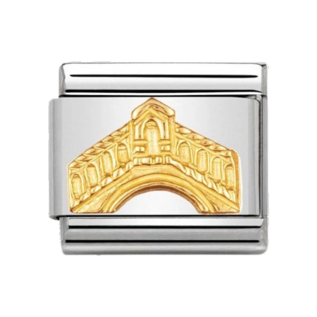 Niche Jewellery stainless steel and 18k gold charm featuring a detailed design of the Rialto Bridge in Venice.