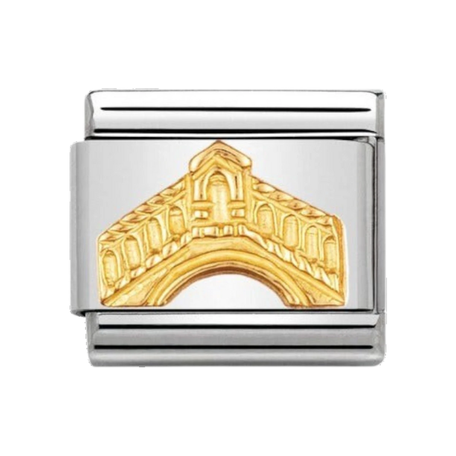 Niche Jewellery stainless steel and 18k gold charm featuring a detailed design of the Rialto Bridge in Venice.