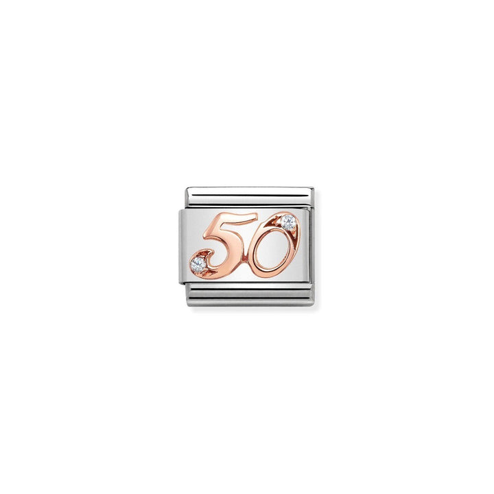 Niche Jewellery rose gold and stainless steel '50' charm with cubic zirconia accents.