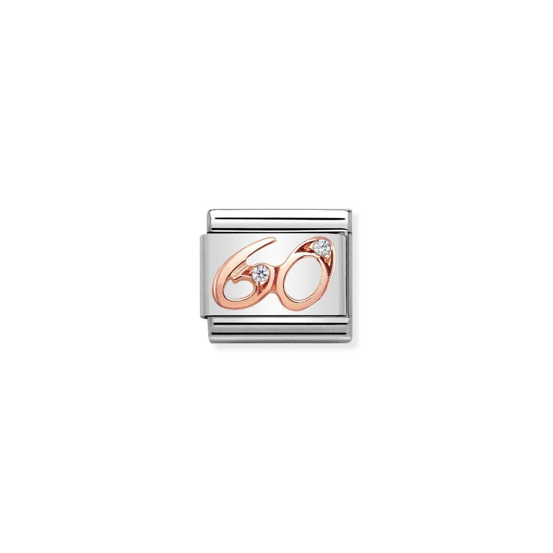 Niche Jewellery stainless steel charm with rose gold '60' and two cubic zirconia stones.