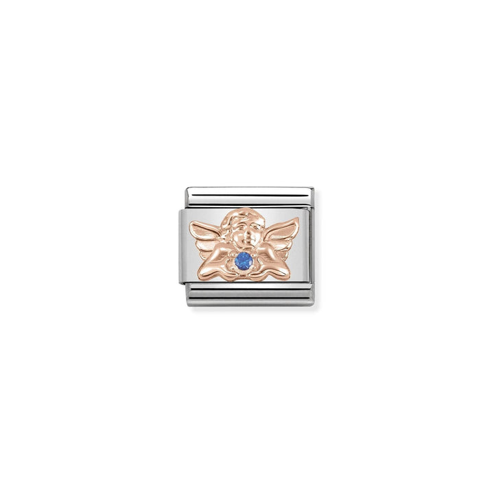 Niche Jewellery rose gold angel charm with blue zirconia stone, representing health and wellbeing.