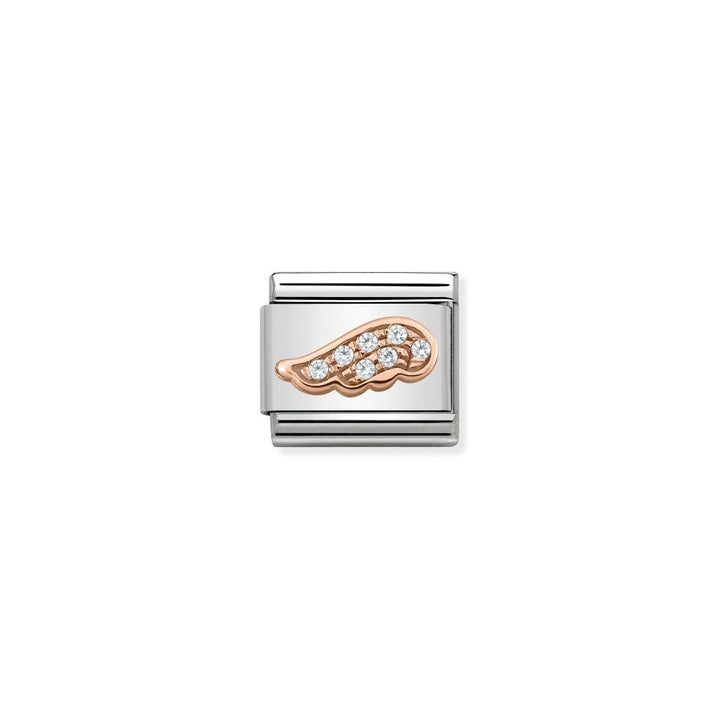 Niche Jewellery rose gold and stainless steel angel wing charm with white pave zirconia stones.
