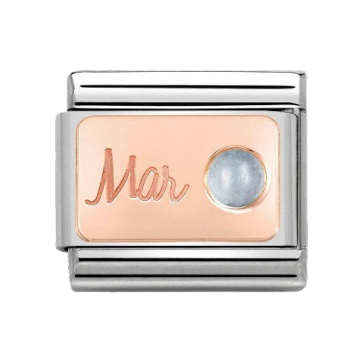 Niche Jewellery rose gold charm with 'Mar' engraving and aquamarine stone, for March birthdays.