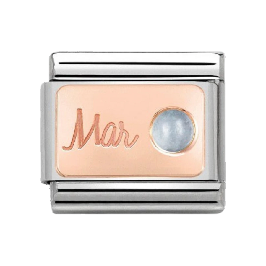 Niche Jewellery rose gold charm with 'Mar' engraving and aquamarine stone, for March birthdays.