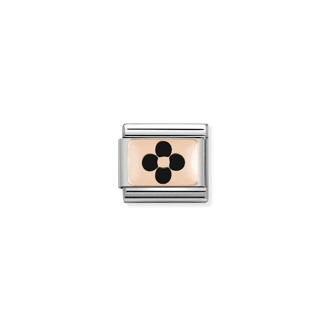 Niche Jewellery rose gold plated stainless steel charm with black enamel flower design. For Nomination Composable bracelets.