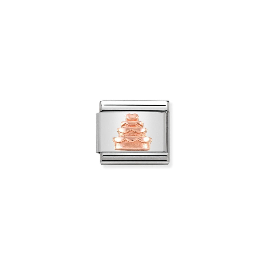 Niche Jewellery rose gold tiered cake charm in stainless steel, perfect for wedding or anniversary bracelets.