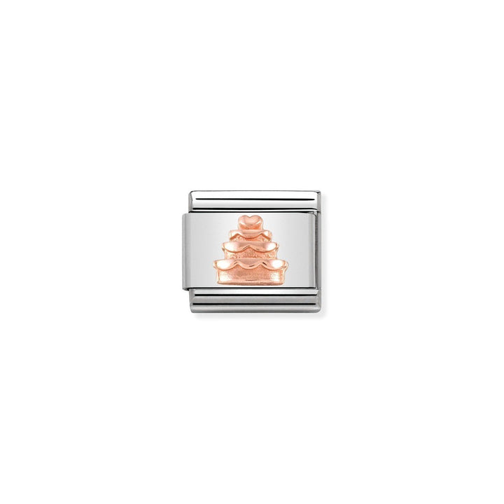 Niche Jewellery rose gold tiered cake charm in stainless steel, perfect for wedding or anniversary bracelets.
