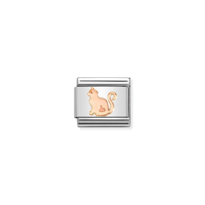 Niche Jewellery stainless steel charm with rose gold cat and heart detail. Perfect for cat lovers.