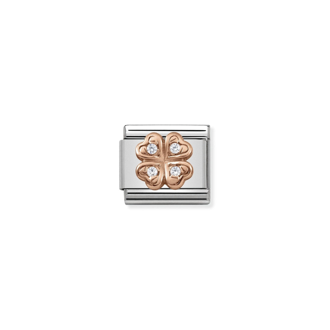 Niche Jewellery rose gold and white zirconia four-leaf clover charm for bracelet. Lucky charm.
