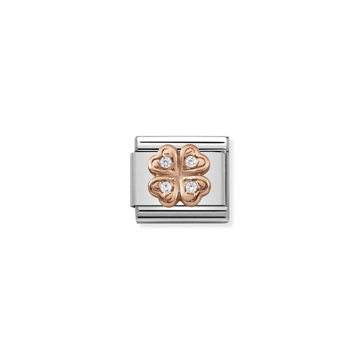 Niche Jewellery rose gold and white zirconia four-leaf clover charm for bracelet. Lucky charm.