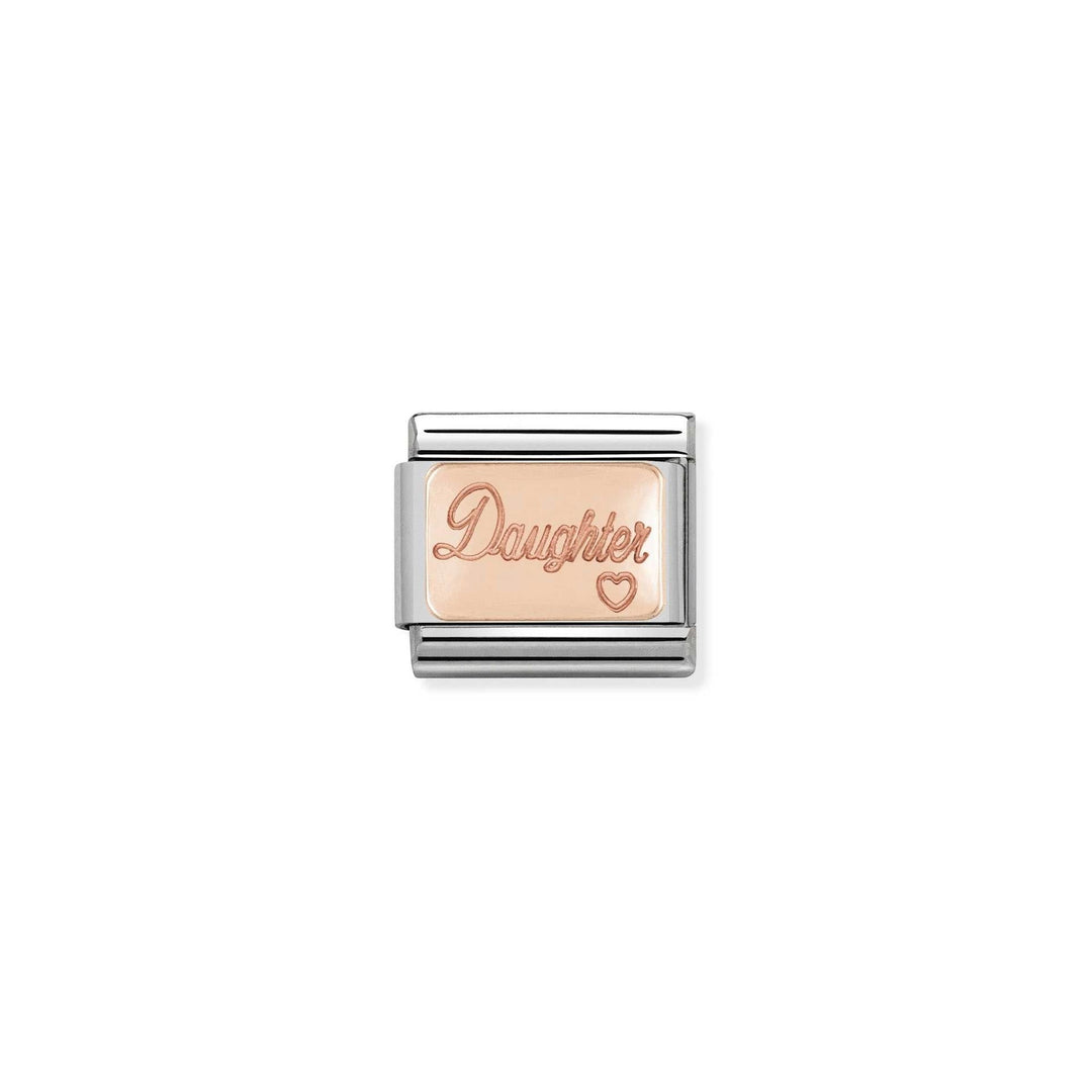 Niche Jewellery rose gold engraved 'Daughter' charm with a small heart detail. Fits Nomination composable bracelets.