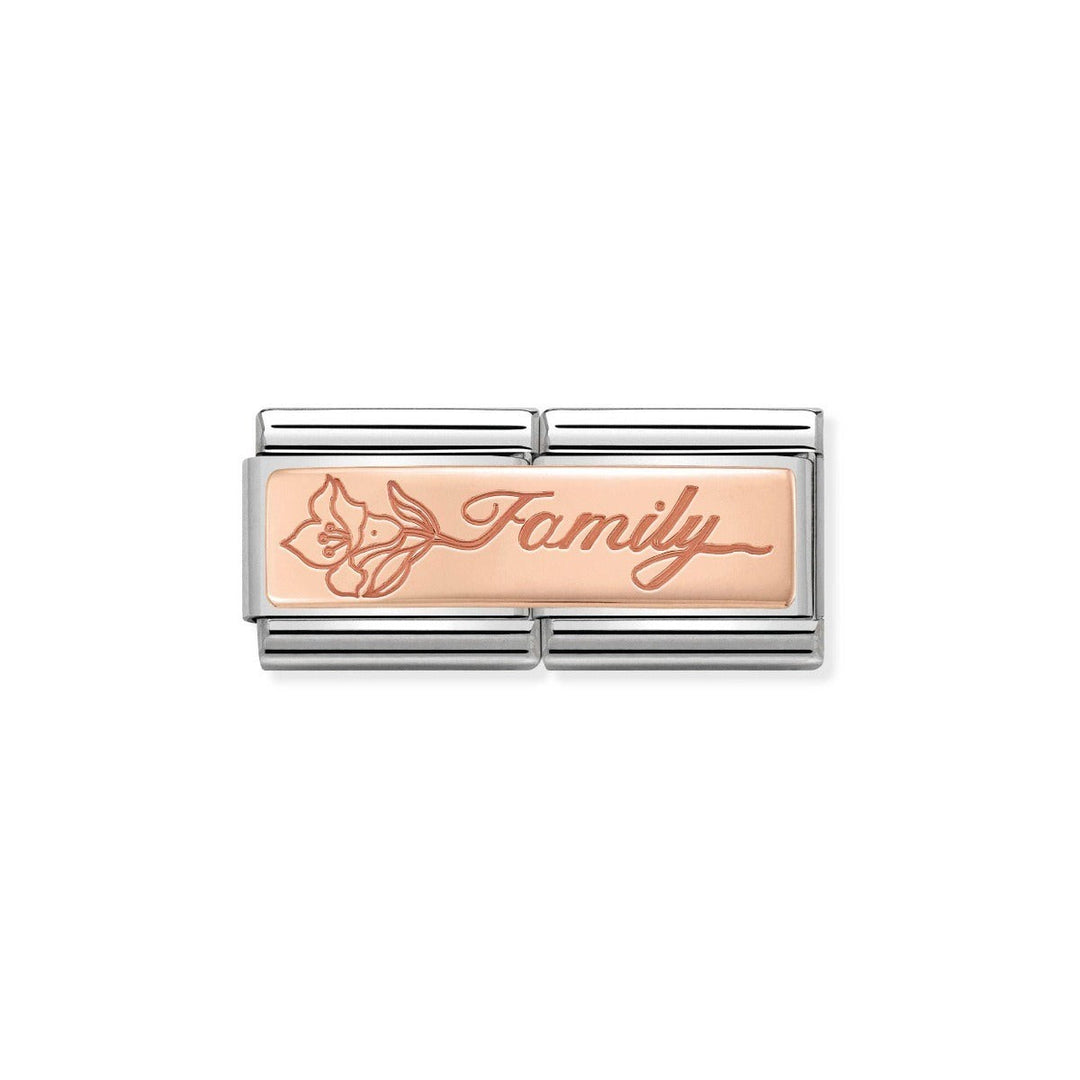 Niche Jewellery rose gold double link charm engraved with 'Family' and a delicate flower motif.