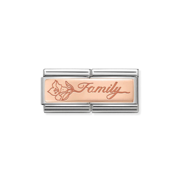 Niche Jewellery rose gold double link charm engraved with 'Family' and a delicate flower motif.