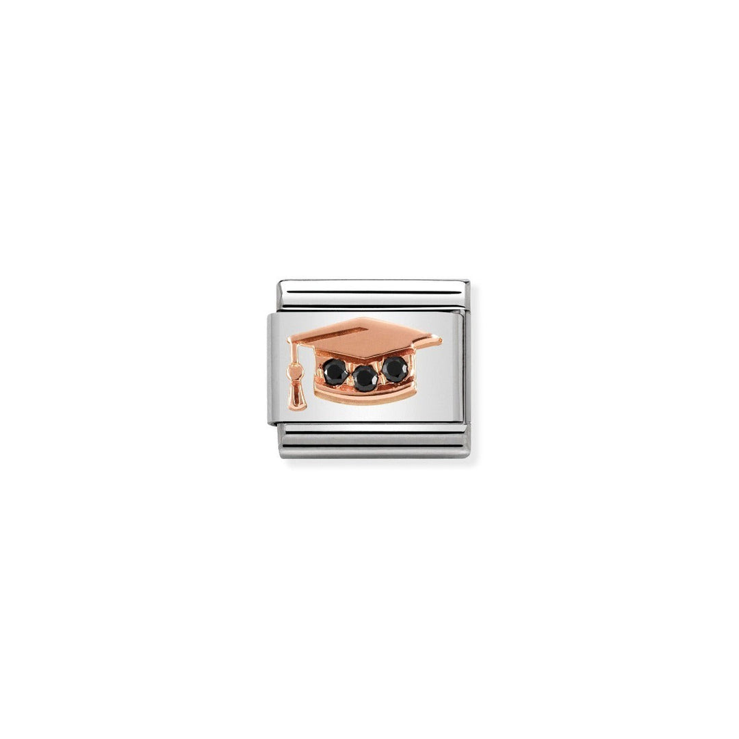 Niche Jewellery rose gold and stainless steel graduation charm with black zirconia stones.