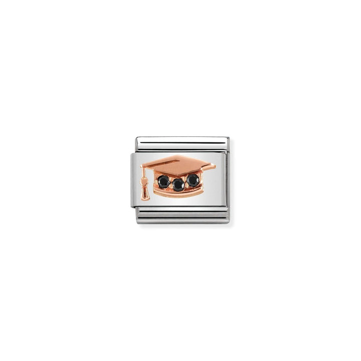 Niche Jewellery rose gold and stainless steel graduation charm with black zirconia stones.