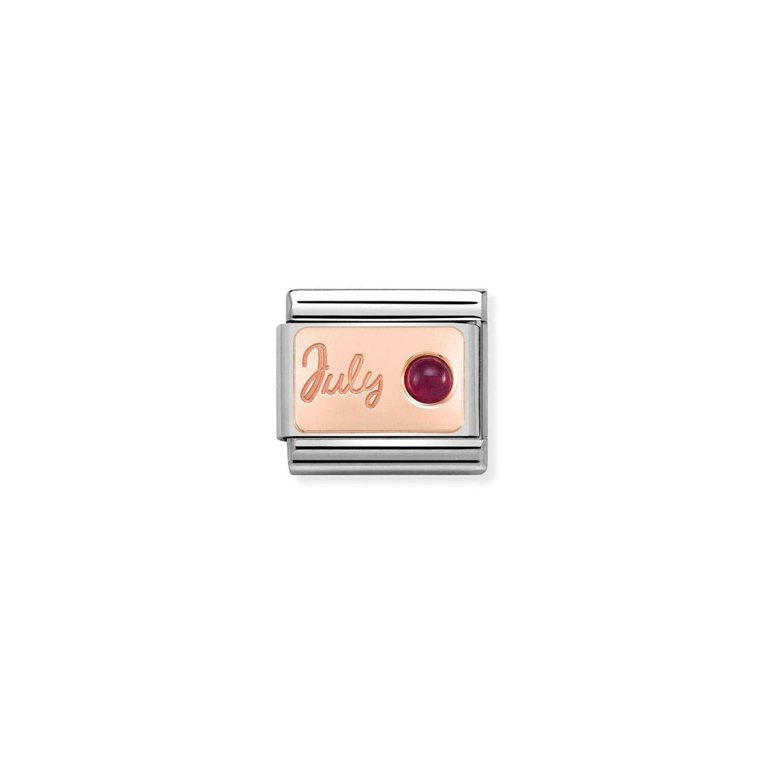 Niche Jewellery rose gold charm with 'July' engraving and a round ruby birthstone, part of the Nomination Composable collection.