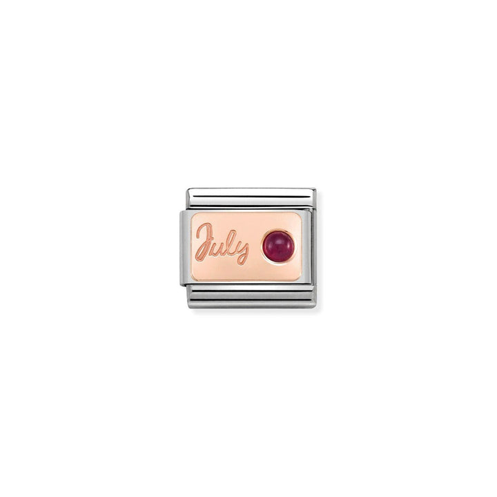 Niche Jewellery rose gold charm with 'July' engraving and a round ruby birthstone, part of the Nomination Composable collection.