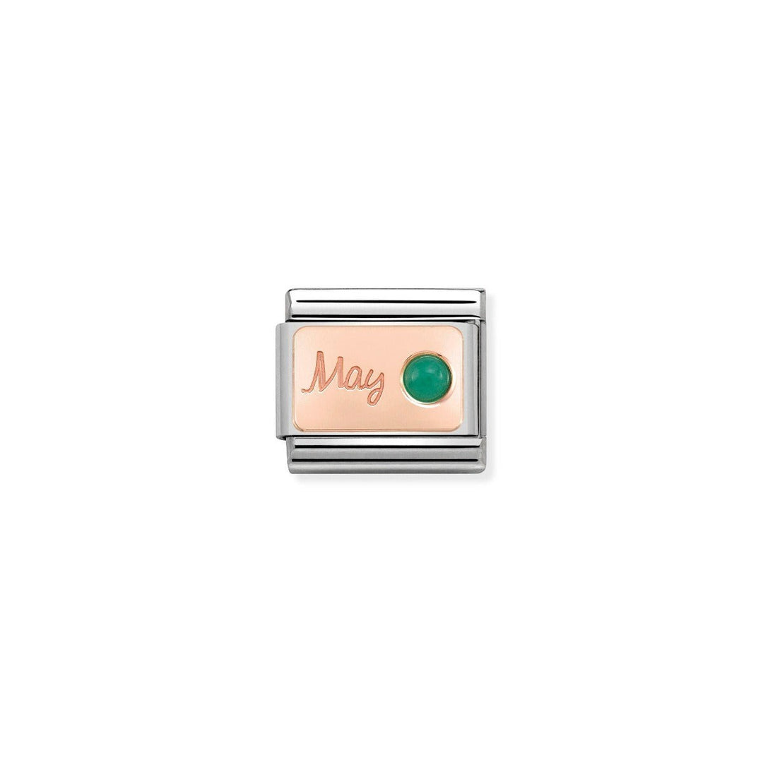 Niche Jewellery rose gold charm with 'May' engraved and a green emerald birthstone. Classic Nomination charm.