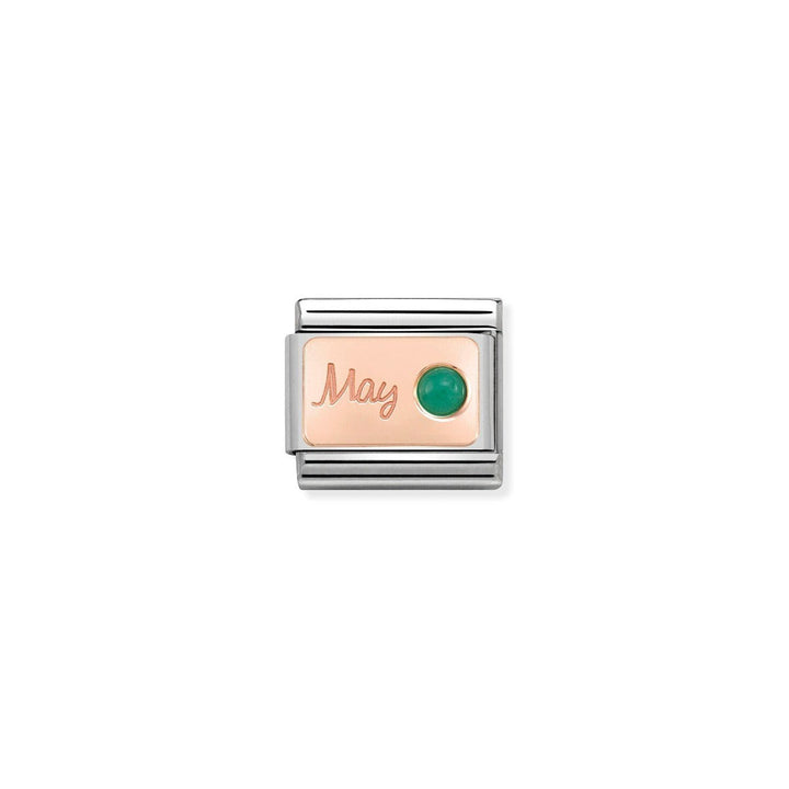 Niche Jewellery rose gold charm with 'May' engraved and a green emerald birthstone. Classic Nomination charm.